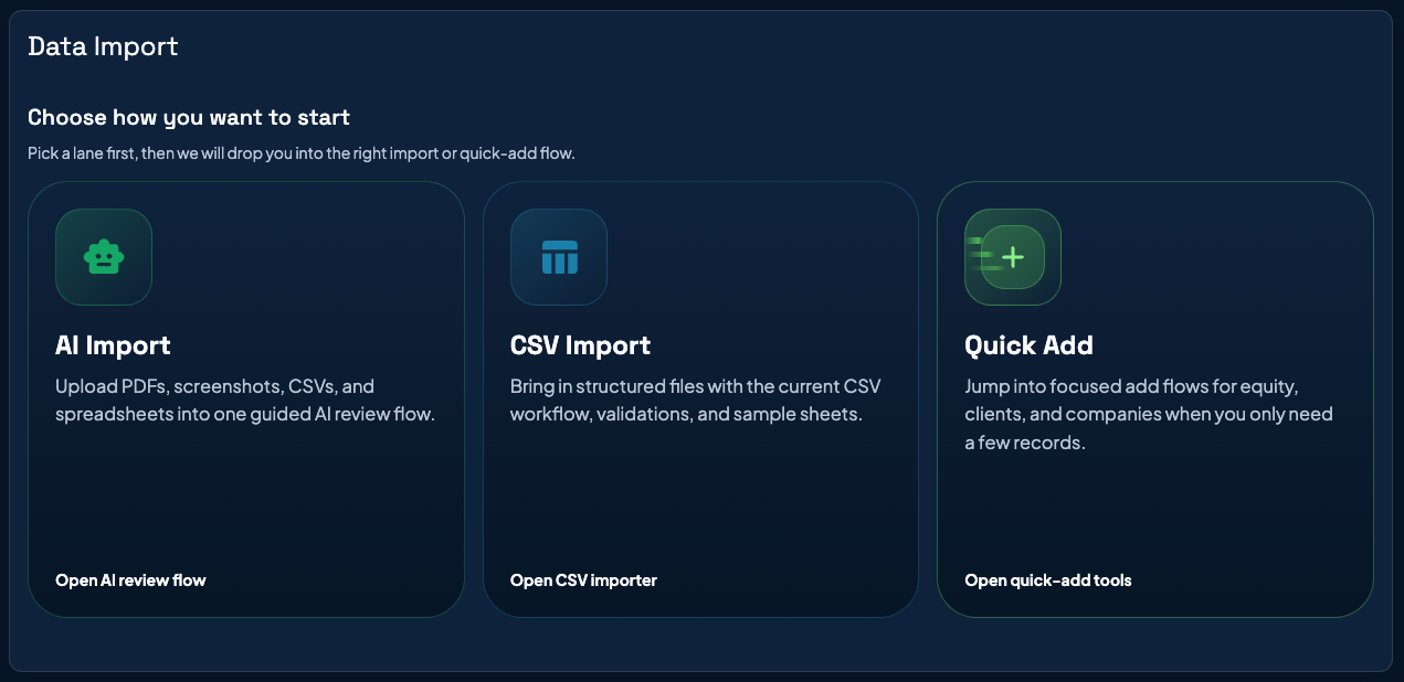 Gemifi data import screen showing AI Import, CSV Import, and Quick Add options.
