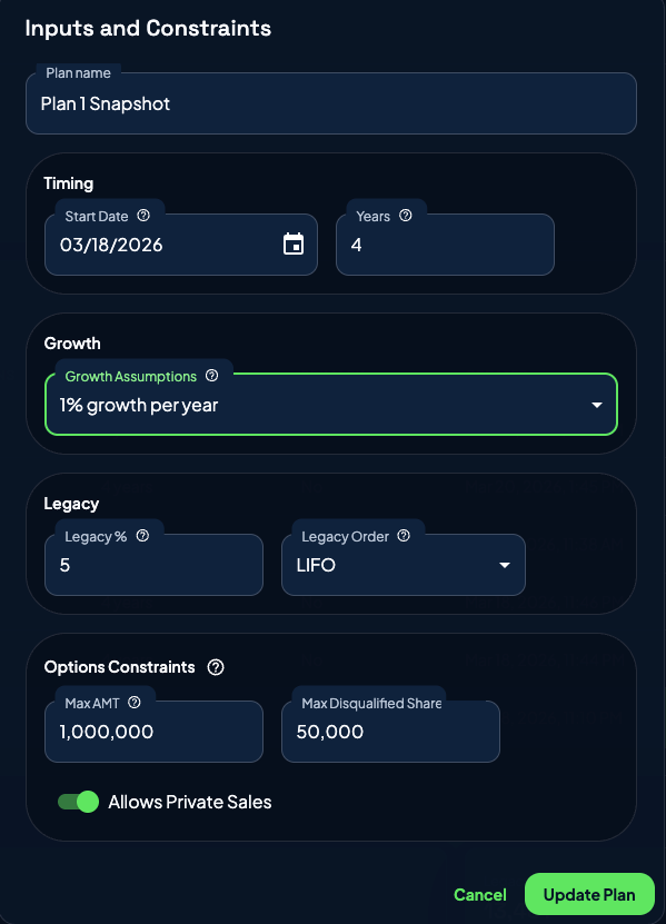 Gemifi plan constraints panel showing timeline, growth assumptions, and options constraints.